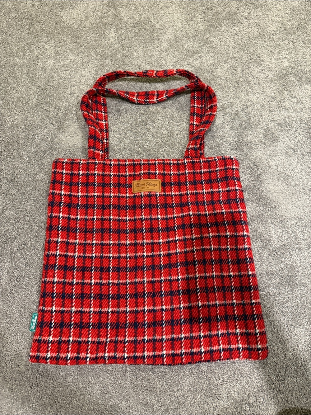 Red Plaid Tote Bag with Leather Logo Patch